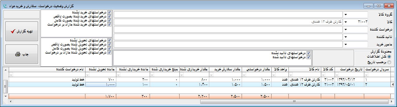 نرم افزار انبار | حسابداری انبار - ثبت سفارشات کالا و مواد